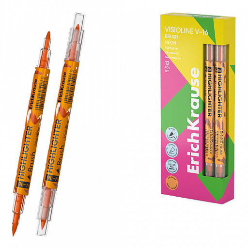 АКЦИЯ Цена за 12 шт. Двухсторонний текстмаркер ErichKrause Visioline V-16 Brush Neon, цвет чернил желтый (в коробке по 12 шт.)  фото 4