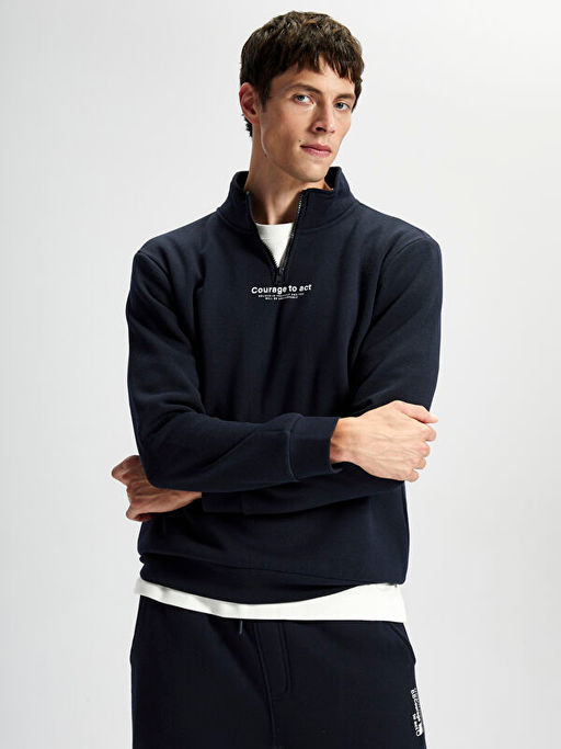 Dik Yaka Uzun Kollu Bask?l? Erkek Kal?n Sweatshirt