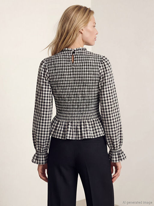 Dik Yaka Ekose Balon Kollu Gipeli Bluz