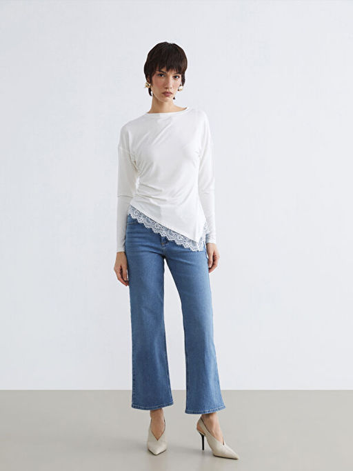 Bisiklet Yaka Dantel Detayl? B?zg?l? Bluz