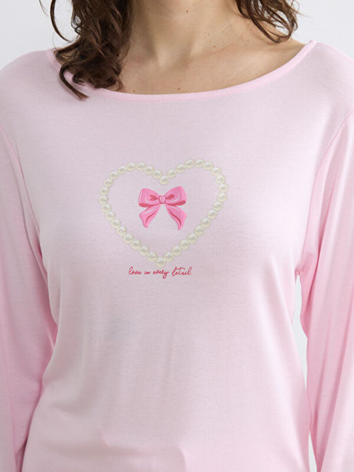 Bisiklet Yaka Boncuk Bask?l? Kad?n Pijama Tak?m?