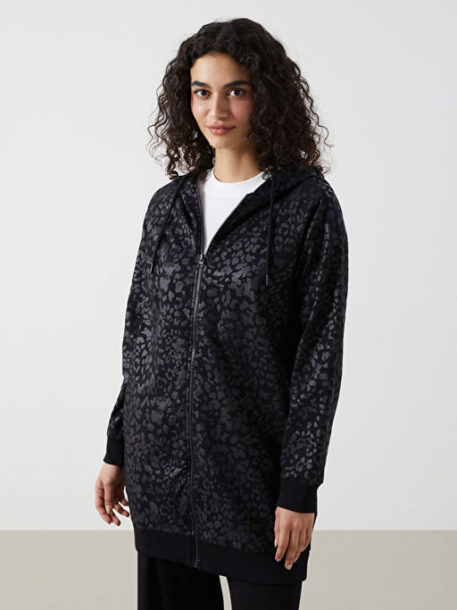 Kap??onlu Desenli Kad?n Fermuarl? Sweatshirt