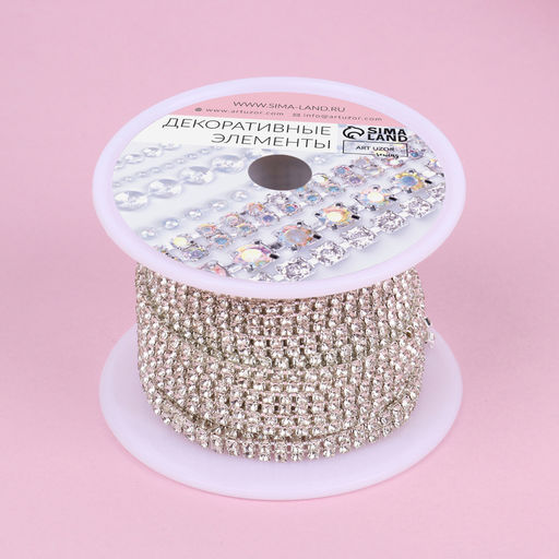 Цепь со стразами, 2 ряда, металл, стекло, 4 мм, 4.5±0.5 м, цвет серебряный