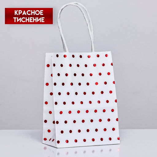 Цена за 12 шт. Пакет крафт с красным тиснением, круглая ручка, белый, 15 х 11 х 6 см, 120 г
