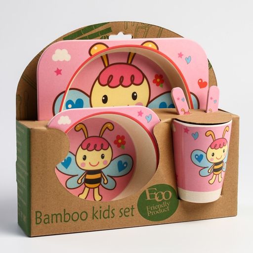 Набор бамбуковой посуды Бабочка, 5 предметов: тарелка, миска, стакан, вилка, ложка - Крошка я фото 8