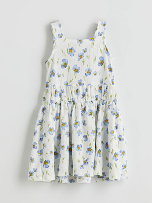 Kare Yaka ?i?ekli K?z ?ocuk Elbise