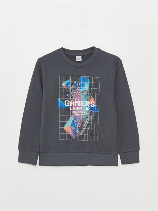 Bisiklet Yaka Bask?l? Uzun Kollu Erkek ?ocuk Sweatshirt