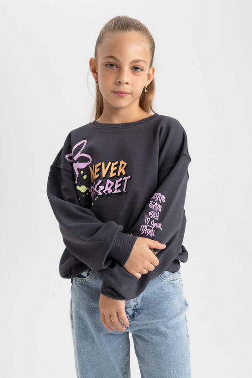 Толстовка с принтом для девочек с круглым вырезом - Defacto фото 3