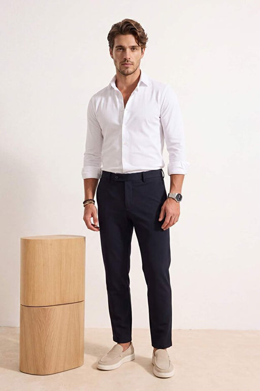 Lacivert Dar Kal_p/Slim Fit Boru Pa_a Y_ksek Bel Yazl_k Erkek Dokuma Pantolon TMNSS26PL00022 - Trendyolmilla фото 2