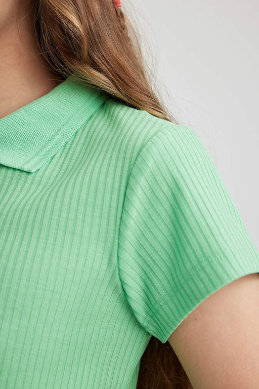 Облегающая футболка-поло в рубчик с короткими рукавами для девочек - Defacto фото 5