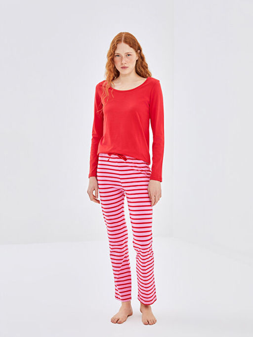 Bisiklet Yaka ?izgili Kad?n Pijama Tak?m?