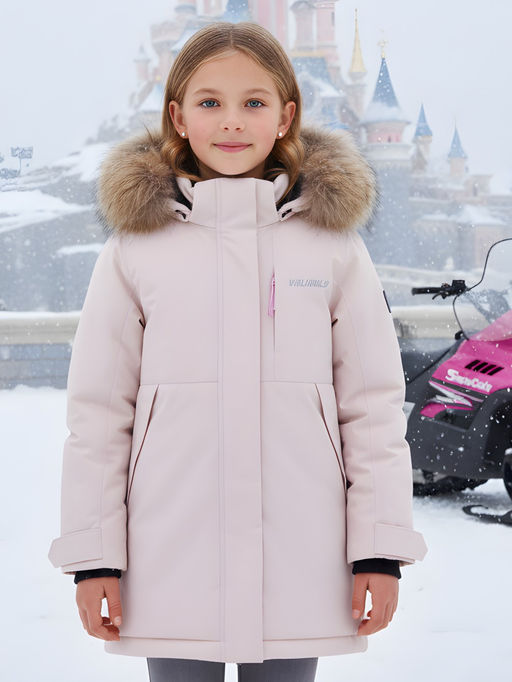 Парка зимняя подростковая для девочки с капюшоном и мехом розового цвета 9532R