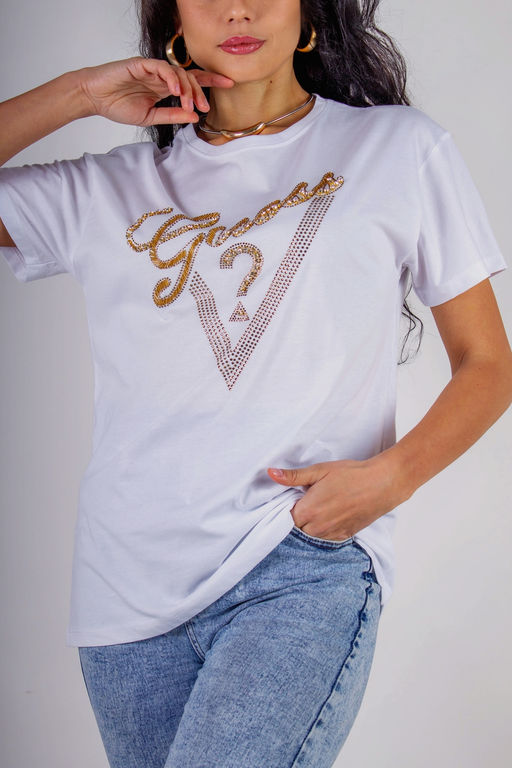 Футболка "Guess" с треугольником стразы, камешки, бусины