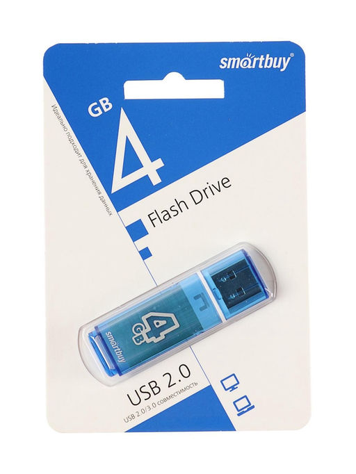 Флешка Smartbuy Glossy, 4 ГБ, USB 2.0, чтение до 25 Мб/с, запись до 15 Мб/с, синяя