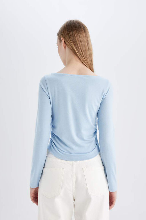 Женская базовая однотонная футболка с вырезом лодочкой и длинными рукавами - Defacto фото 6