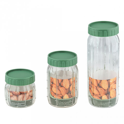 Банка для сыпучих продуктов стеклянная Кактус набор 3шт: 0,3л, h8,8с; 0,6мл, h14см; 1л, h22,6см, горло д7,5см, основание д8см, винтовая пластмассовая крышка зеленого цвета, в коробке (Китай) - Домашняя мода фото 2