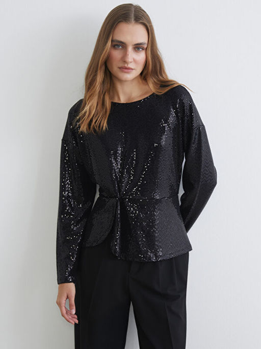 Bisiklet Yaka B?zg?l? Payetli Bluz