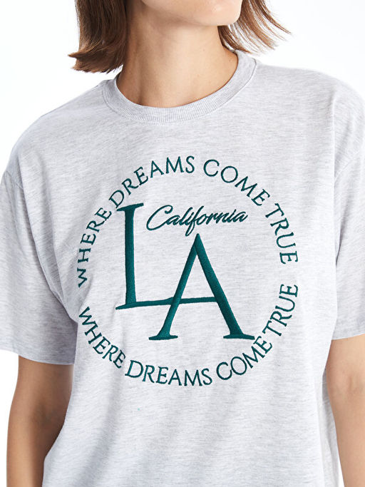 Bisiklet Yaka Nak??l? K?sa Kollu Oversize Kad?n Ti??rt