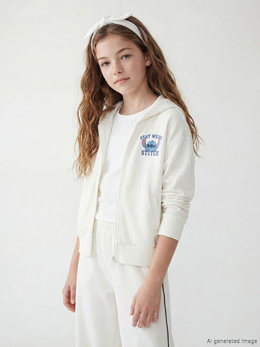 Stitch Bask?l? K?z ?ocuk Soft Touch Fermuarl? Sweatshirt