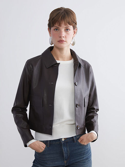 G?mlek Yaka Kad?n Deri G?r?n?ml? Ceket