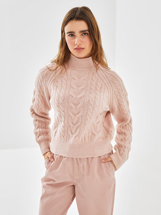 Yar?m Bal?k?? Yaka Kendinden Desenli Kad?n Triko Kazak