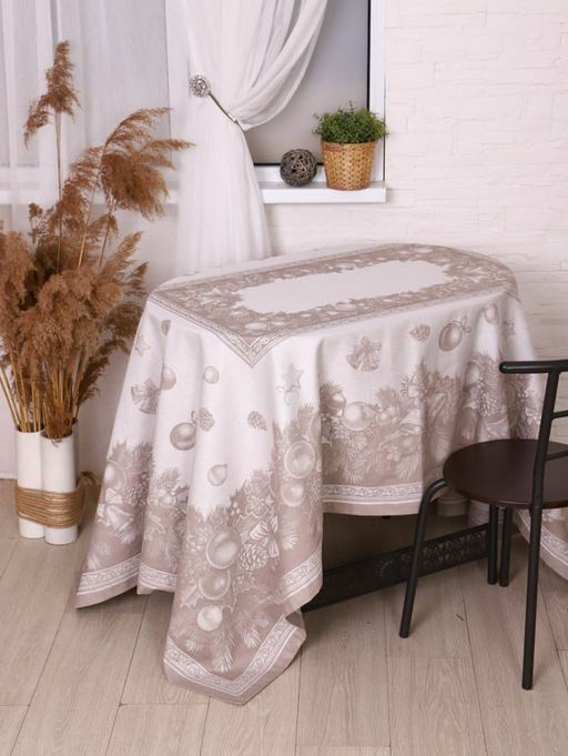 Скатерть Премиум Новогодние игрушки-бежев. 150*220 см. п/лен - Лен поволжья фото 3