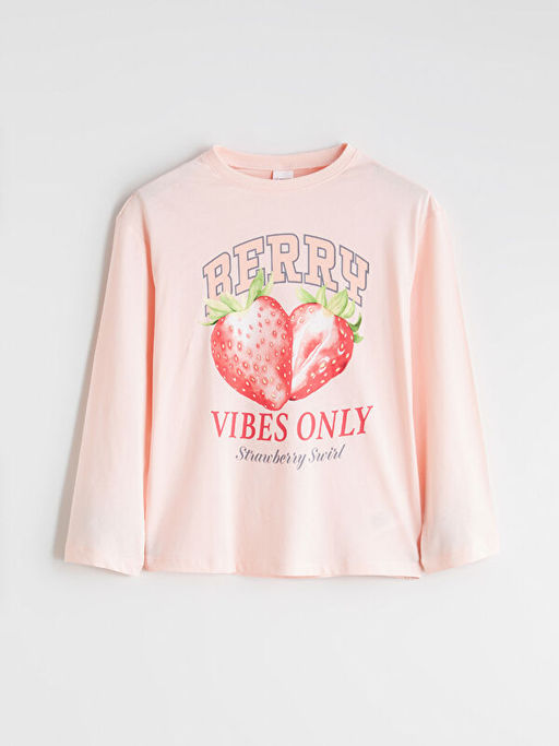 Bisiklet Yaka ?ilek Bask?l? K?z ?ocuk Pijama Tak?m?