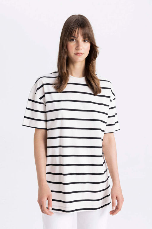 Полосатая футболка-туника с круглым вырезом и короткими рукавами - Defacto фото 4