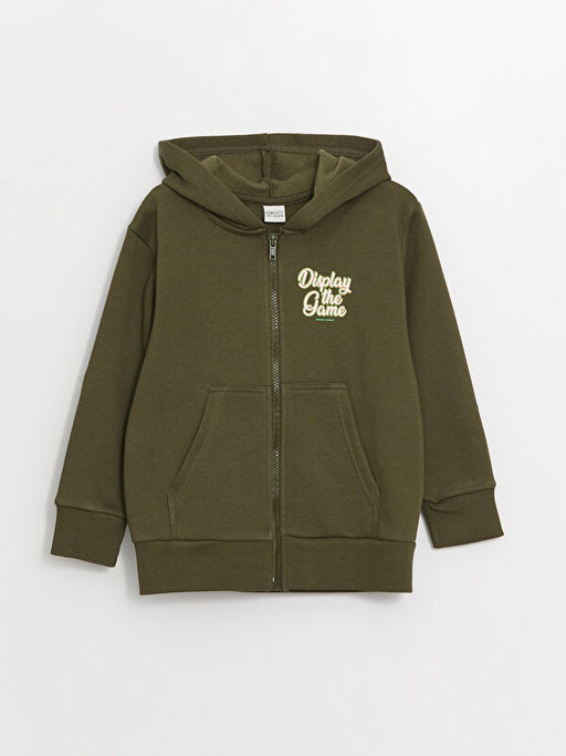 Kap??onlu Bask?l? Uzun Kollu Erkek ?ocuk Fermuarl? Sweatshirt