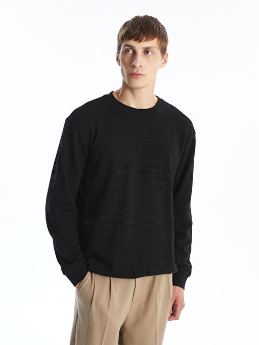 Bisiklet Yaka Uzun Kollu Erkek Dokulu Sweatshirt