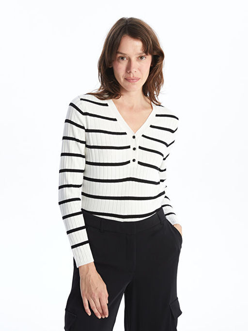 V Yaka ?izgili Uzun Kollu Kad?n Triko Kazak