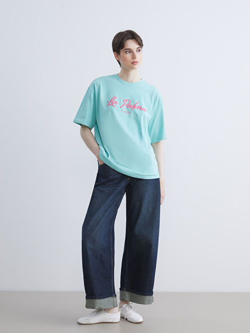 Bisiklet Yaka Bask?l? Oversize Kad?n Ti??rt