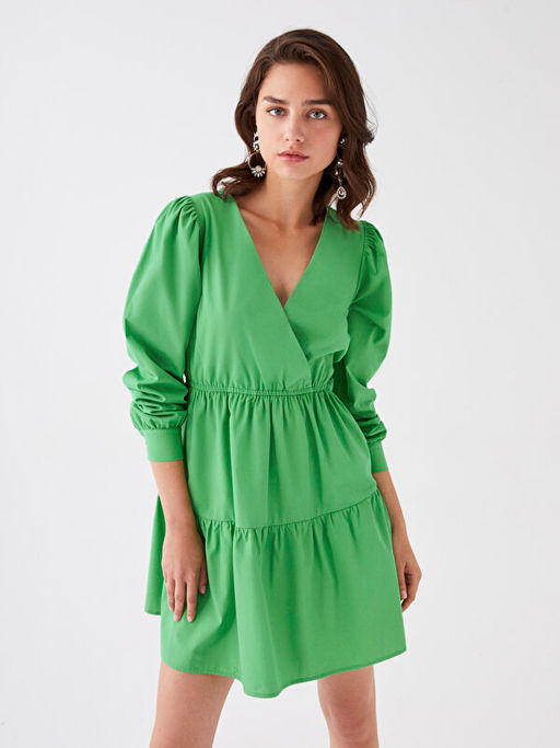 Kruvaze Yaka D?z Uzun Kollu Poplin Elbise