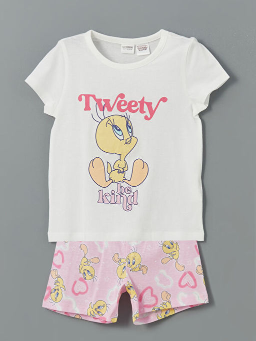 Bisiklet Yaka Tweety Bask?l? K?z ?ocuk ?ortlu Pijama Tak?m?