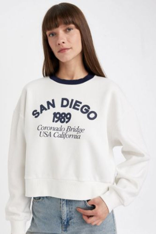 Boxy Fit Bisiklet Yaka Bask?l? Kal?n Sweatshirt