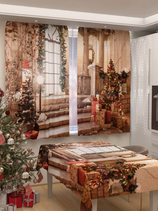 Фотошторы для кухни Новогодняя коллекция 259 Шторы (Габардин)+Скатерть (145*200)