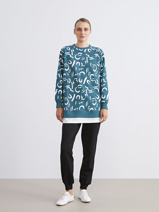 B?y?k Beden Bisiklet Yaka Desenli Kad?n Sweatshirt Tunik