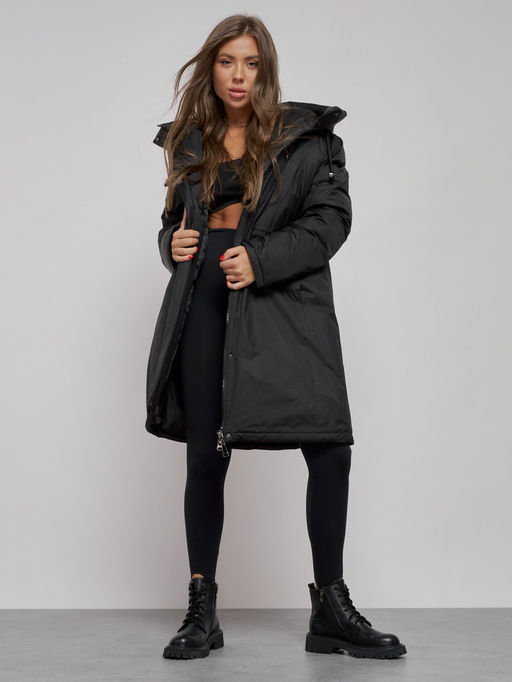 Пальто утепленное с капюшоном зимнее женское черного цвета 52333Ch - HULDLUCK фото 10