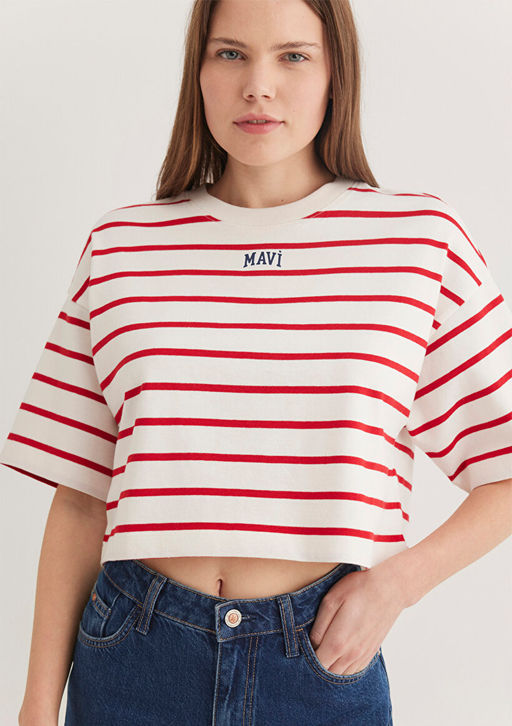 Mavi Logo Bask?l? K?rm?z? Cizgili Crop Tisort  фото 2