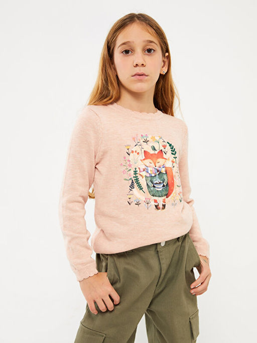 Bisiklet Yaka Bask?l? Uzun Kollu K?z ?ocuk Triko Kazak - Waikiki фото 3