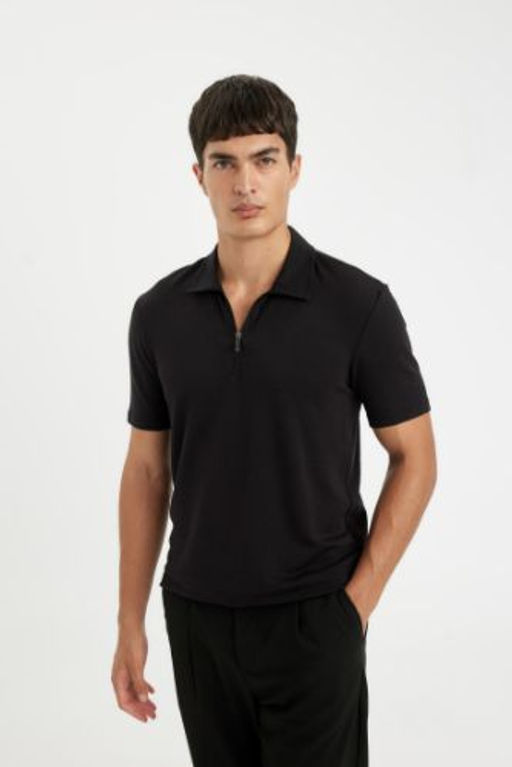 Slim Fit Dar Kesim Yar?m Fermuarl? K?sa Kollu Krink?l Polo Tisort