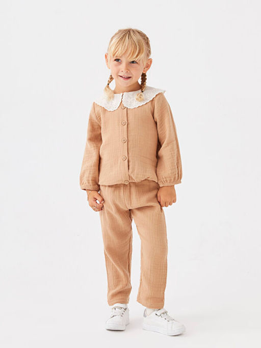 Bebe Yaka Uzun Kollu Pamuklu K?z Bebek Bluz ve Pantolon 2li Tak?m - Waikiki фото 2