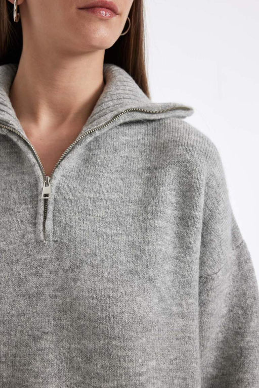 Трикотажный свитер оверсайз с воротником поло и полумолнией - Defacto фото 5