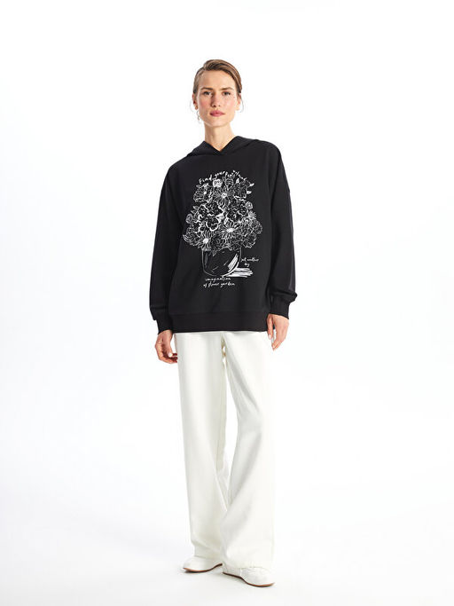 Bask?l? Uzun Kollu Oversize Kad?n Kal?n Hoodie