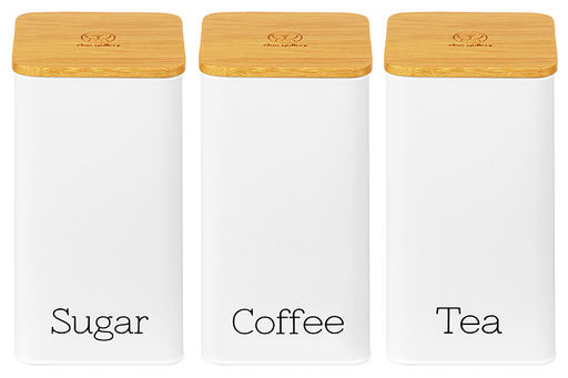 Набор 3 банок для сыпучих продуктов 1,6 л 9,5*9,5*18,5 см "Tea, coffee, sugar" белый с бамбук.крышк