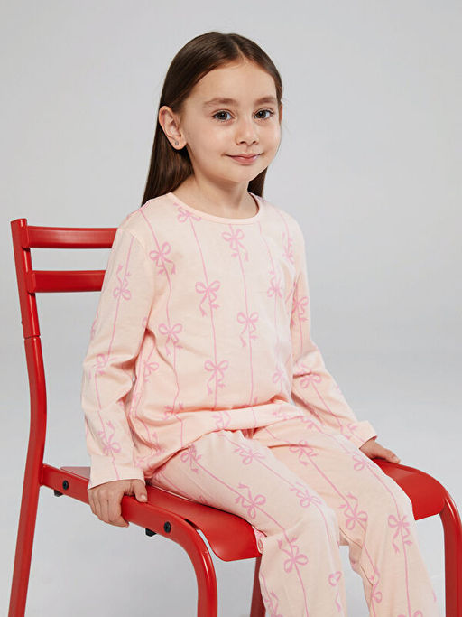 Bisiklet Yaka Fiyonk Bask?l? K?z ?ocuk Pijama Tak?m?