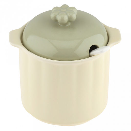 Банка для сыпучих продуктов керамическая "Семейная" 850мл, д12,5см, h11см, 2 ручки, с крышкой с выемкой для ложки и ручкой-цветком - светло-зеленый, общая h15см, с ложкой 16,6см - белый, рифленый борт, светло-желтый, в коробке (Китай)