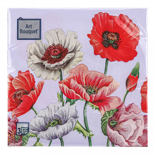 Салфетки бумажные Art Bouquet 33х33см, 3-х слойные, 20 штук в упаковке, 100% целлюлоза, Поле маков (Россия)  фото 2