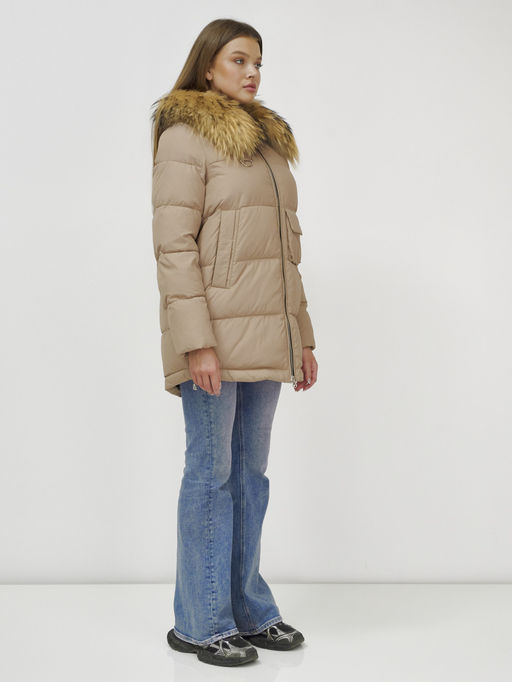 Куртка Бренд Visdeer ПРЕМИУМ КЛАССА зимняя с мехом ЕНОТА, бежевого цвета  фото 4