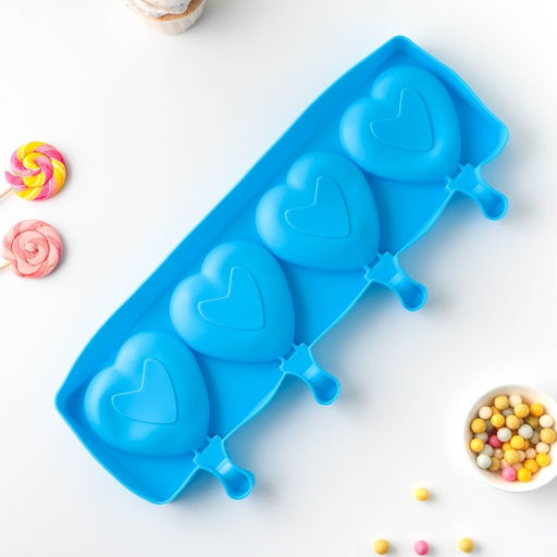 Форма для мороженого Сердца, силикон, 37?15?2.5 см, 4 ячейки (9.2?8.4 см), МИКС